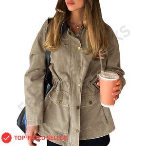 Utility Barn Jacket Zip Up Drawstring Waist Casual Workwear Style Jacket